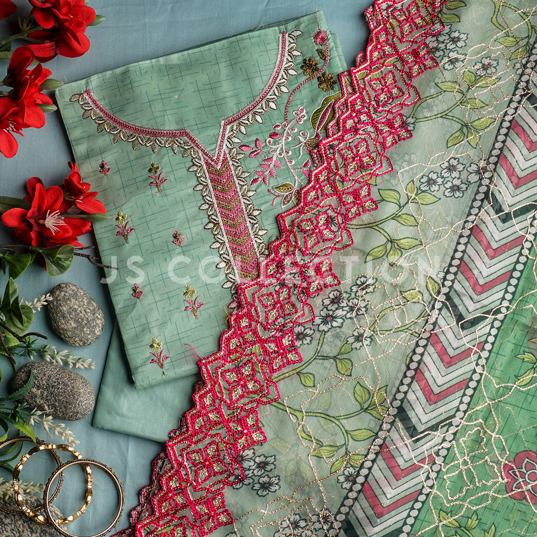 3 Pc Lawn Embroidered Chiffon Dupatta Cutwork Un-stitched-UN2066