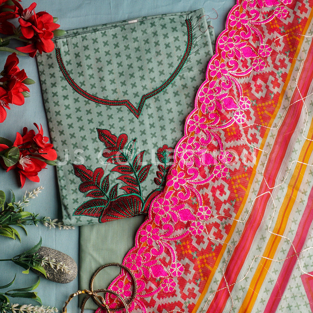 3 Pc Lawn Embroidered Chiffon Dupatta Cutwork Un-stitched-UN2067
