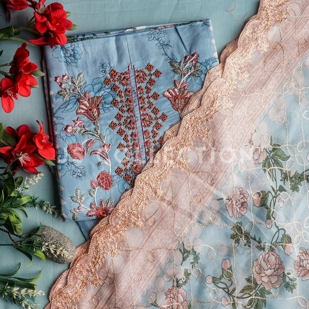 3 Pc Lawn Embroidered Chiffon Dupatta Cutwork Un-stitched-UN2072