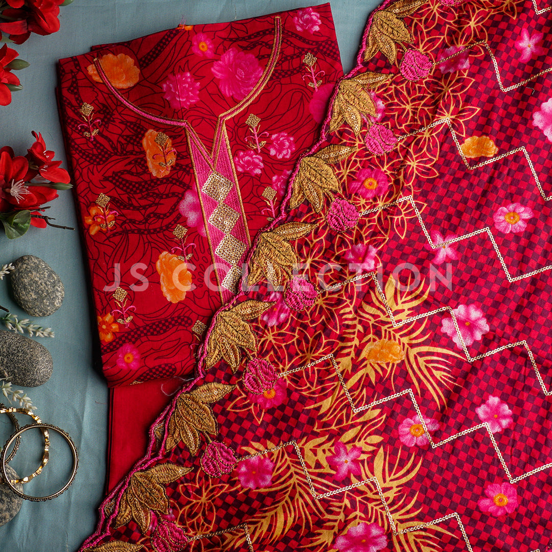 3 Pc Lawn Embroidered Lawn Dupatta Cutwork Un-stitched-UN2082