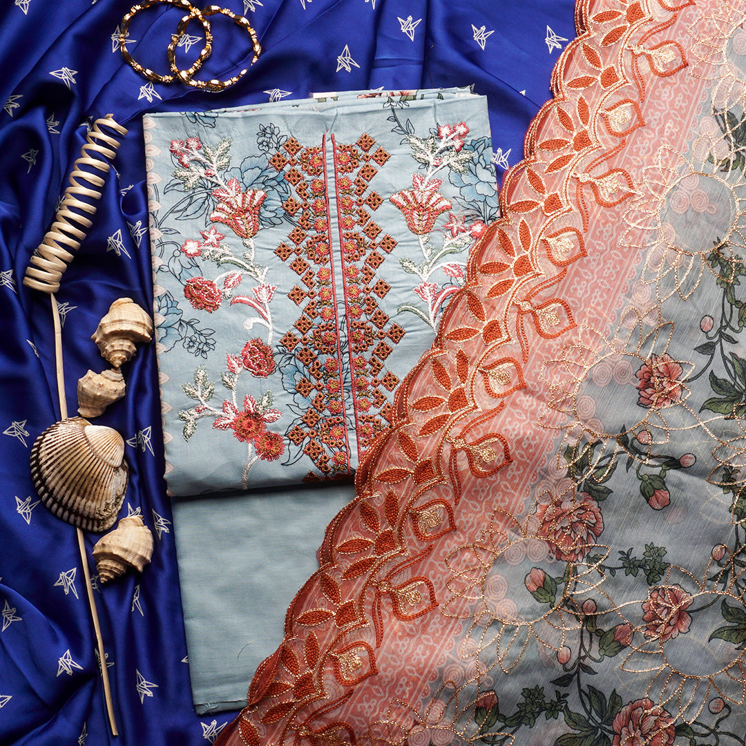 3 Pc Lawn Embroidered Chiffon Dupatta Cutwork Un-stitched-UN2278