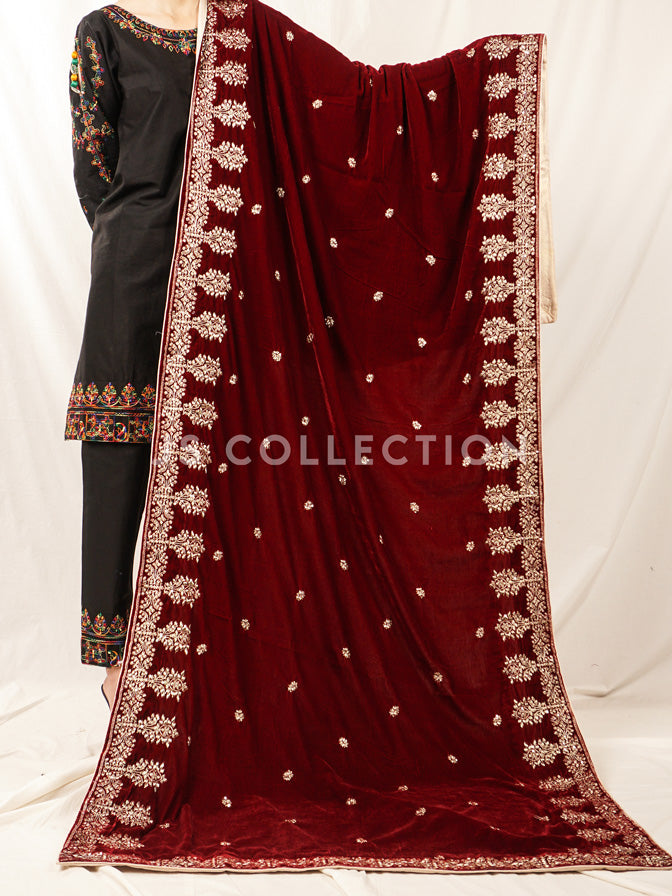 Maroon Embroidered Velvet Shawl - VS9228
