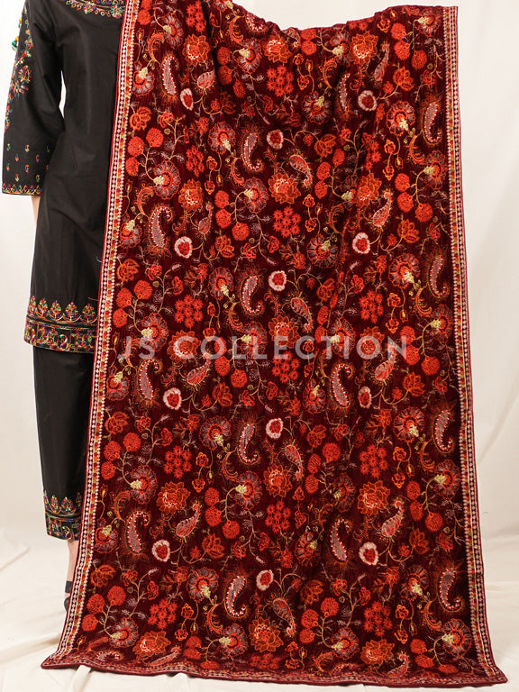 Maroon Embroidered Velvet Shawl - VS9241