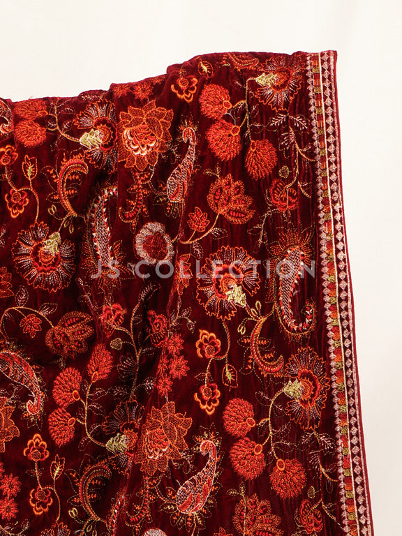 Maroon Embroidered Velvet Shawl - VS9241