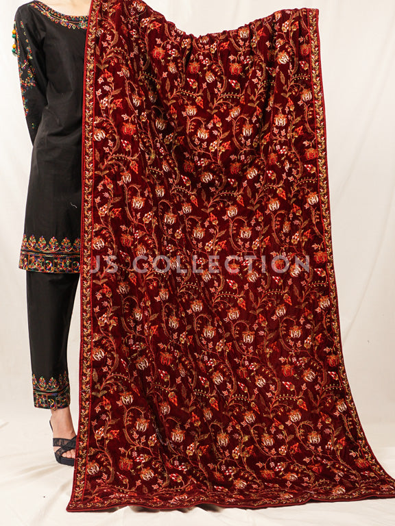 Maroon Embroidered Velvet Shawl - VS9242
