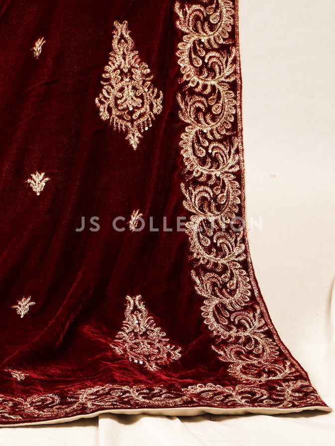 Maroon Embroidered Velvet Shawl - VS9253