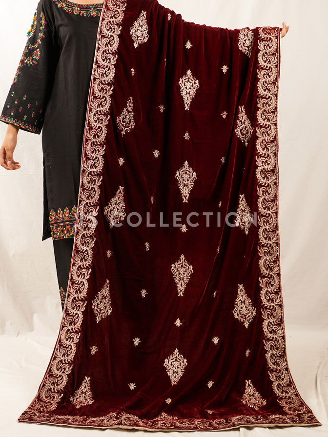 Maroon Embroidered Velvet Shawl - VS9253