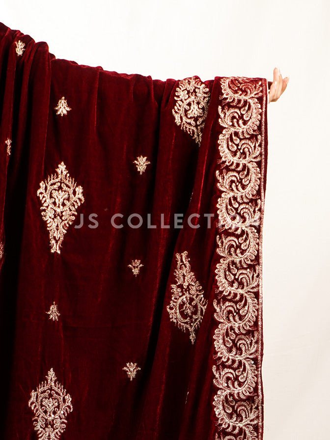 Maroon Embroidered Velvet Shawl - VS9253