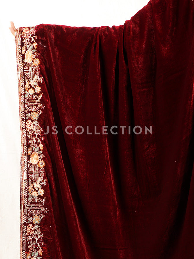 Maroon Embroidered Velvet Shawl - VS9260
