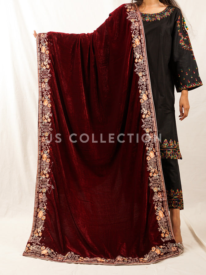 Maroon Embroidered Velvet Shawl - VS9260