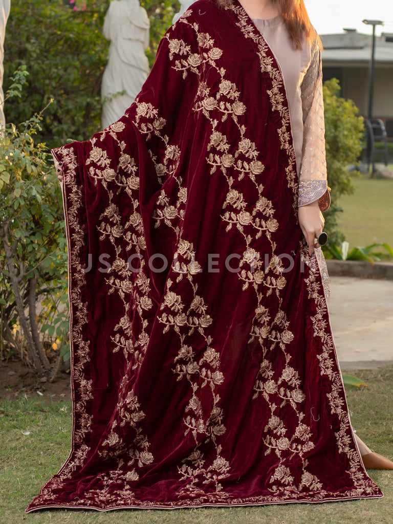 Maroon Embroidered Velvet Shawl - VS9216