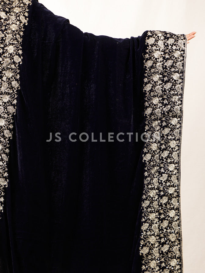 Navy Embroidered Velvet Shawl - VS9251
