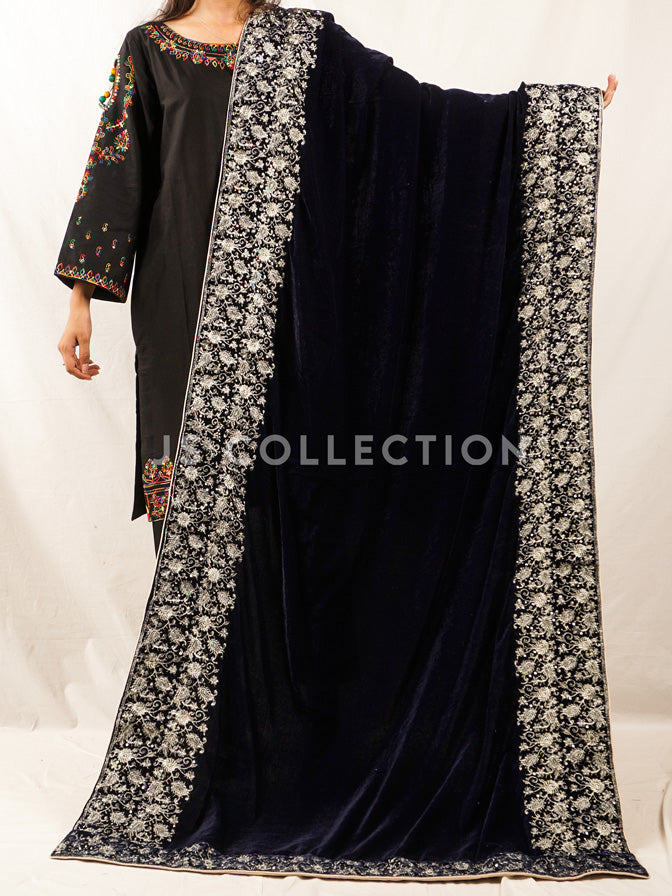 Navy Embroidered Velvet Shawl - VS9251
