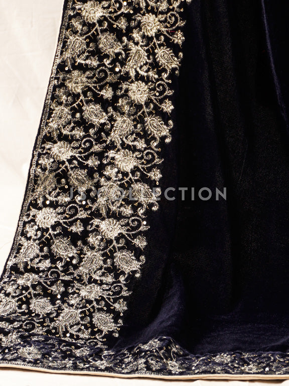 Navy Embroidered Velvet Shawl - VS9251