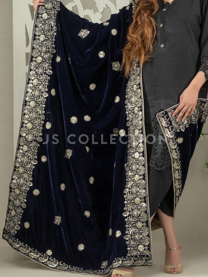 Navy Embroidered Velvet Shawl - VS9225