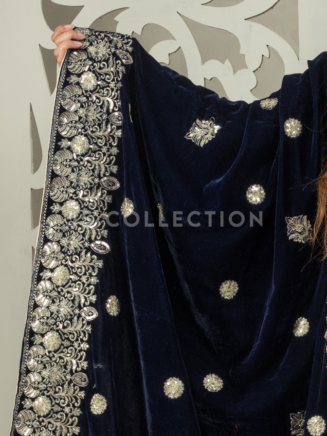 Navy Embroidered Velvet Shawl - VS9225