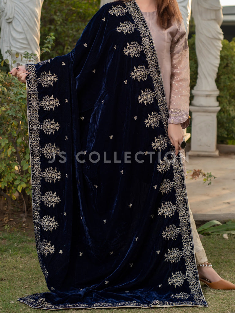 Navy Embroidered Velvet Shawl - VS9215