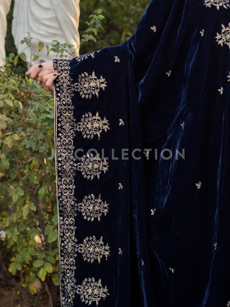 Navy Embroidered Velvet Shawl - VS9215