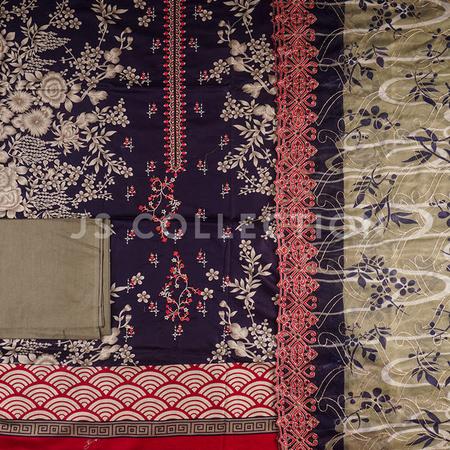 3 Pc Lawn Embroidered Chiffon Dupatta Cutwork Un-stitched-UN2010b