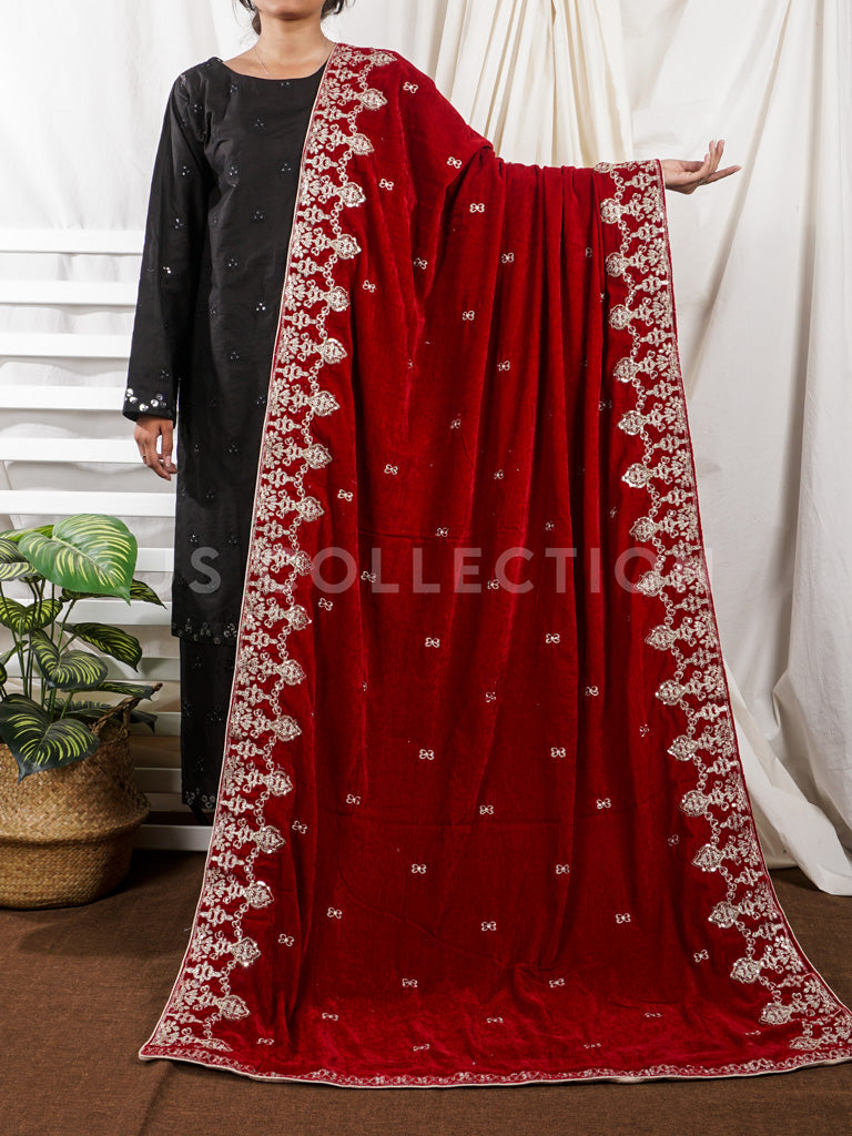 Red Embroidered Velvet Shawl - VS9280