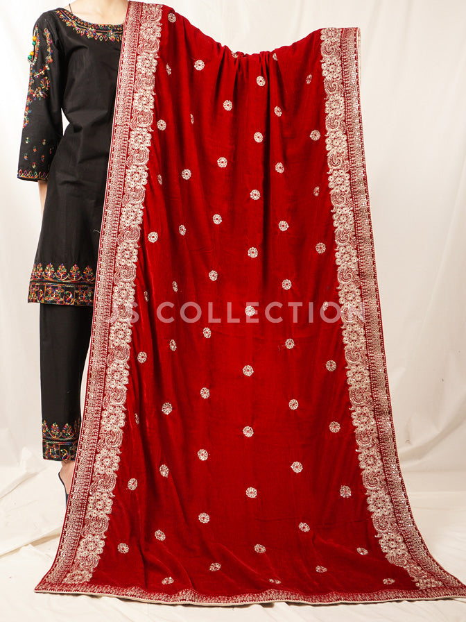 Red Embroidered Velvet Shawl - VS9234