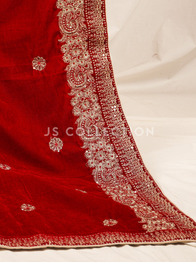 Red Embroidered Velvet Shawl - VS9234