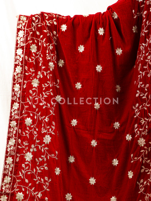 Red Embroidered Velvet Shawl - VS9256