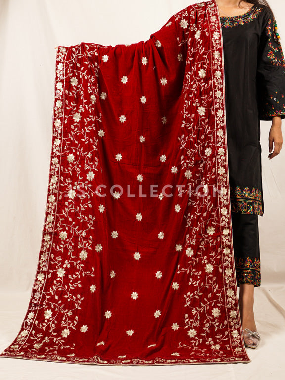 Red Embroidered Velvet Shawl - VS9256