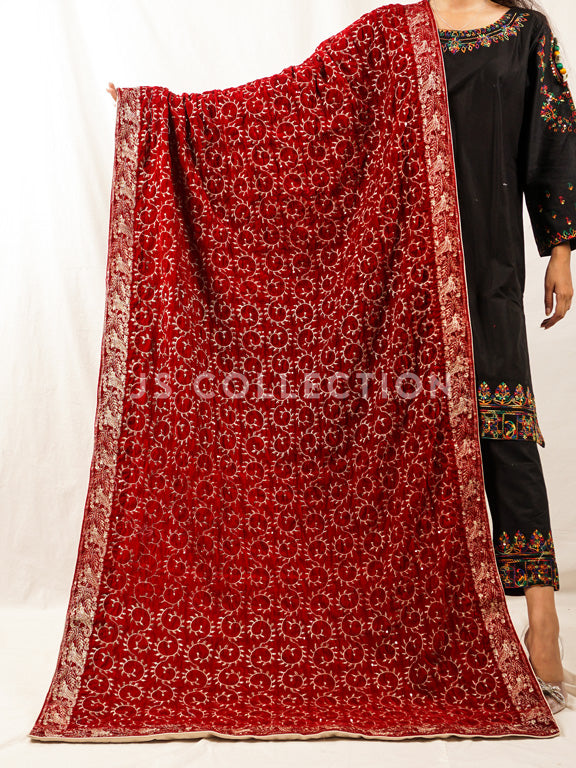 Red Embroidered Velvet Shawl - VS9261