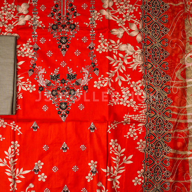 3 Pc Lawn Embroidered Chiffon Dupatta Cutwork Un-stitched-UN2040c