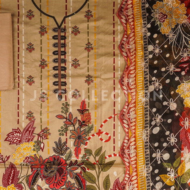3 Pc Lawn Embroidered Chiffon Dupatta Cutwork Un-stitched-UN2020a