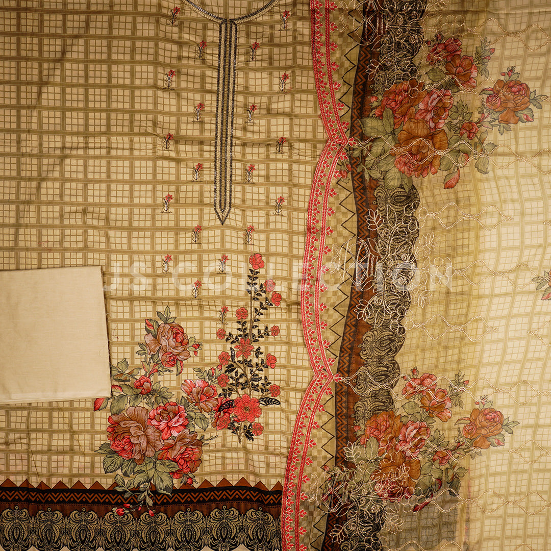 3 Pc Lawn Embroidered Chiffon Dupatta Cutwork Un-stitched-UN2107