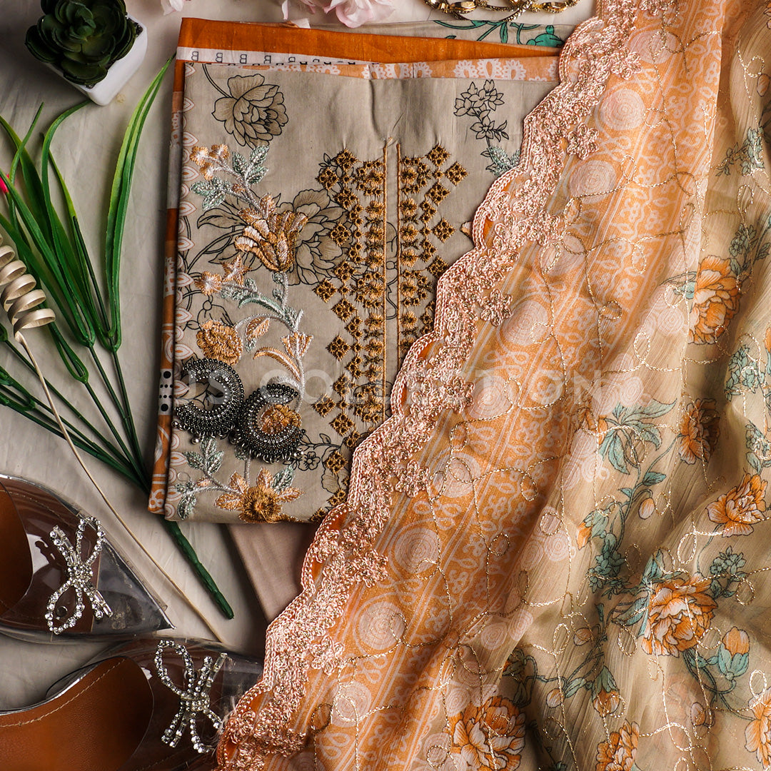3 Pc Lawn Embroidered Chiffon Dupatta Cutwork Un-stitched-UN2021b