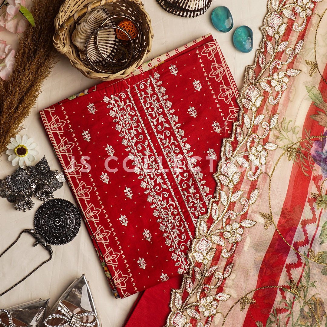 3 Pc Lawn Embroidered Chiffon Dupatta Cutwork Un-stitched-UN2019
