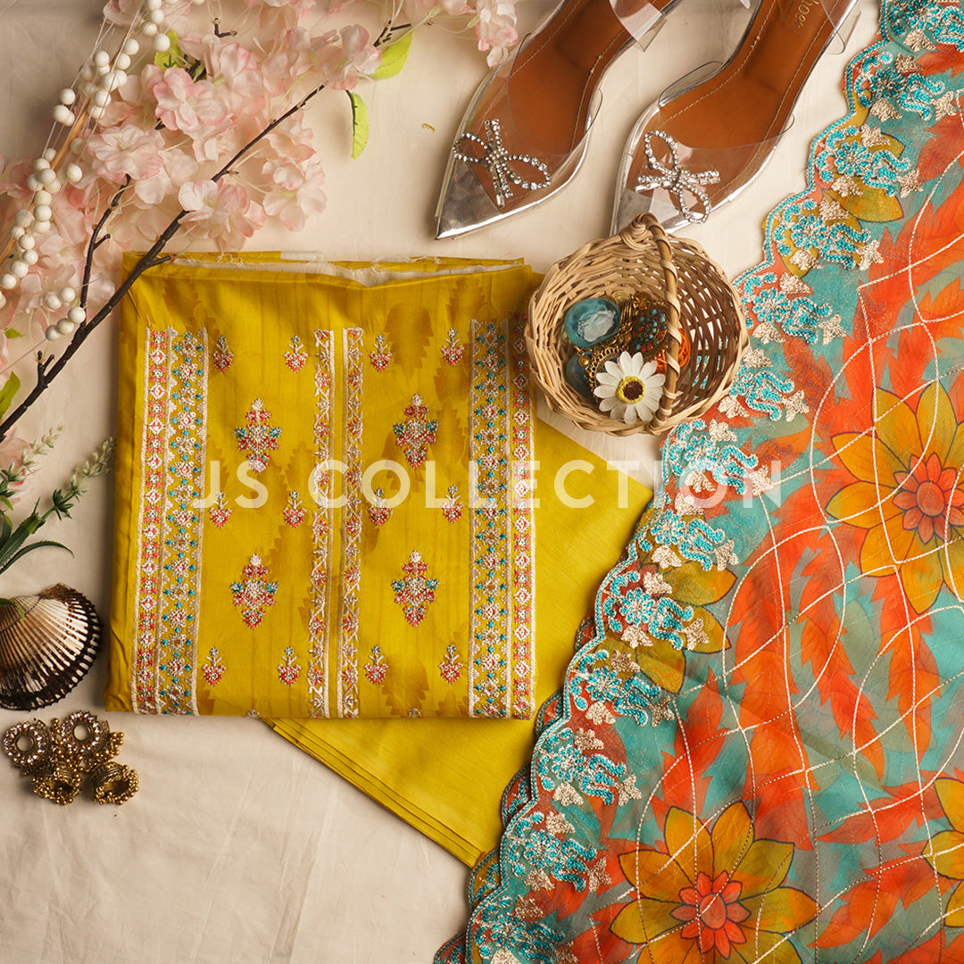3 Pc Lawn Embroidered Chiffon Dupatta Cutwork Un-stitched-UN2007