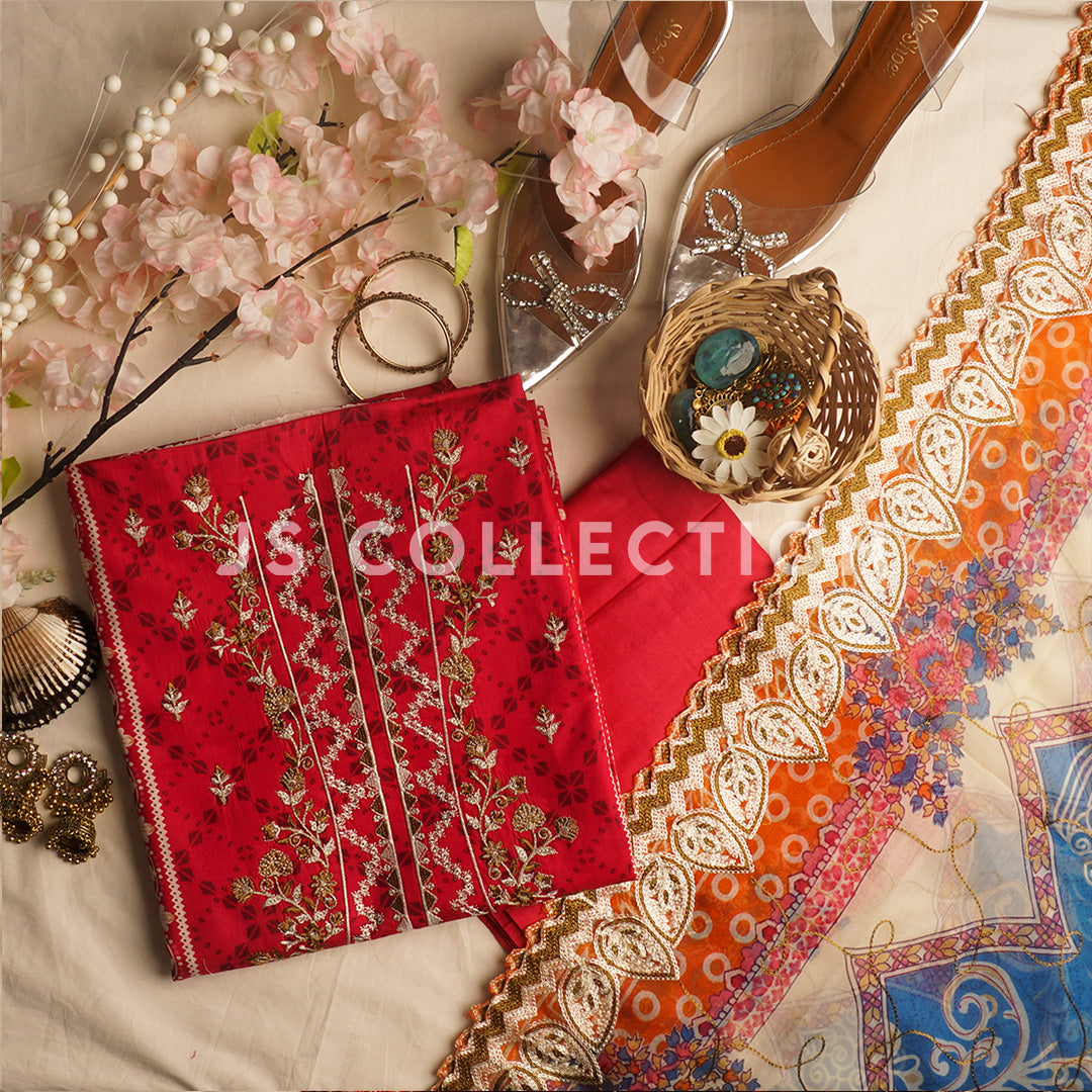 3 Pc Lawn Embroidered Chiffon Dupatta Cutwork Un-stitched-UN2005