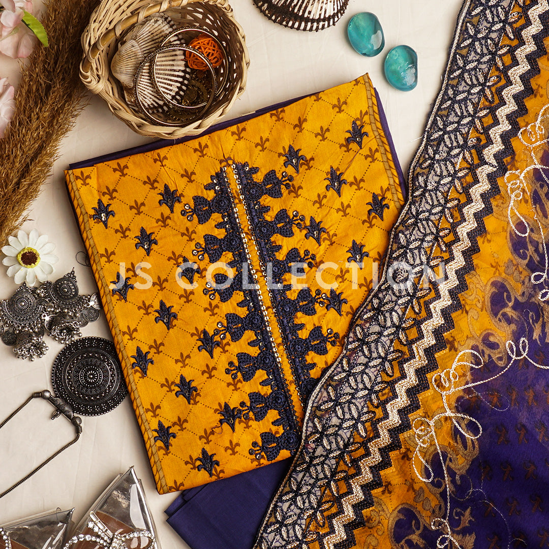 3 Pc Lawn Embroidered Chiffon Dupatta Cutwork Un-stitched-UN2014