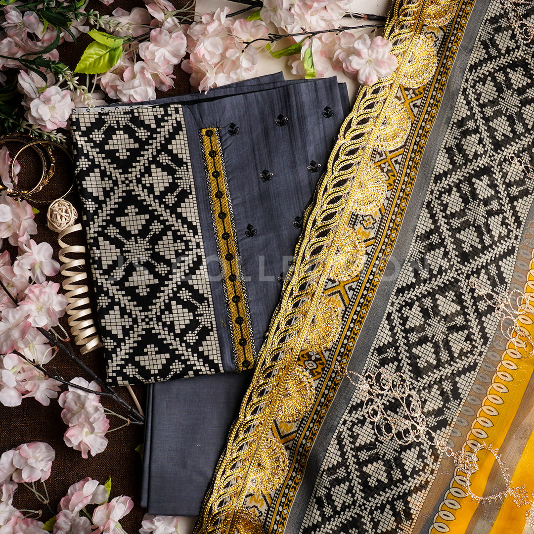 3 Pc Lawn Embroidered Chiffon Dupatta Cutwork Un-stitched-UN2041a