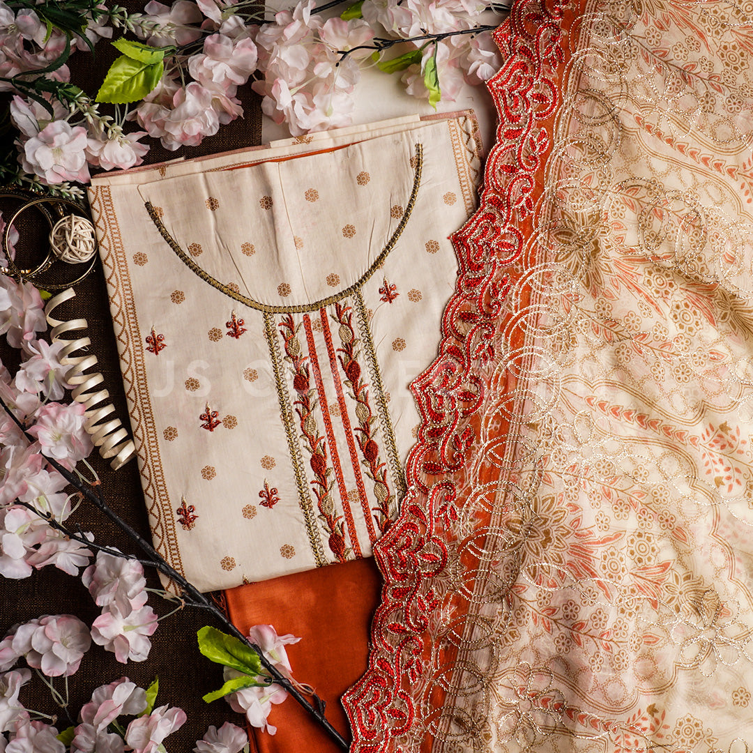 3 Pc Lawn Embroidered Chiffon Dupatta Cutwork Un-stitched-UN2030