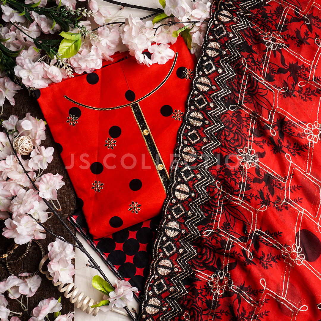 3 Pc Lawn Embroidered Chiffon Dupatta Cutwork Un-stitched-UN2047a