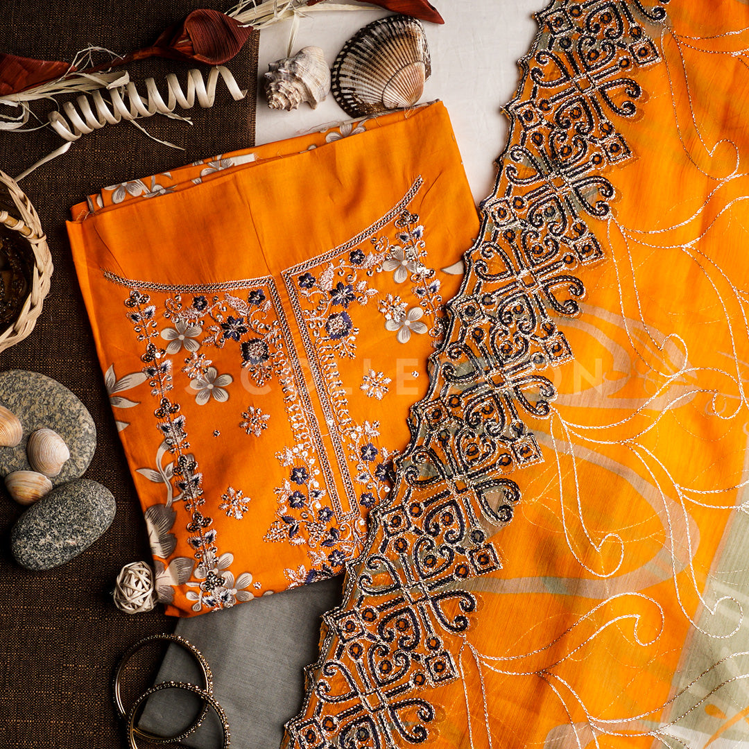 3 Pc Lawn Embroidered Chiffon Dupatta Cutwork Un-stitched-UN2040a