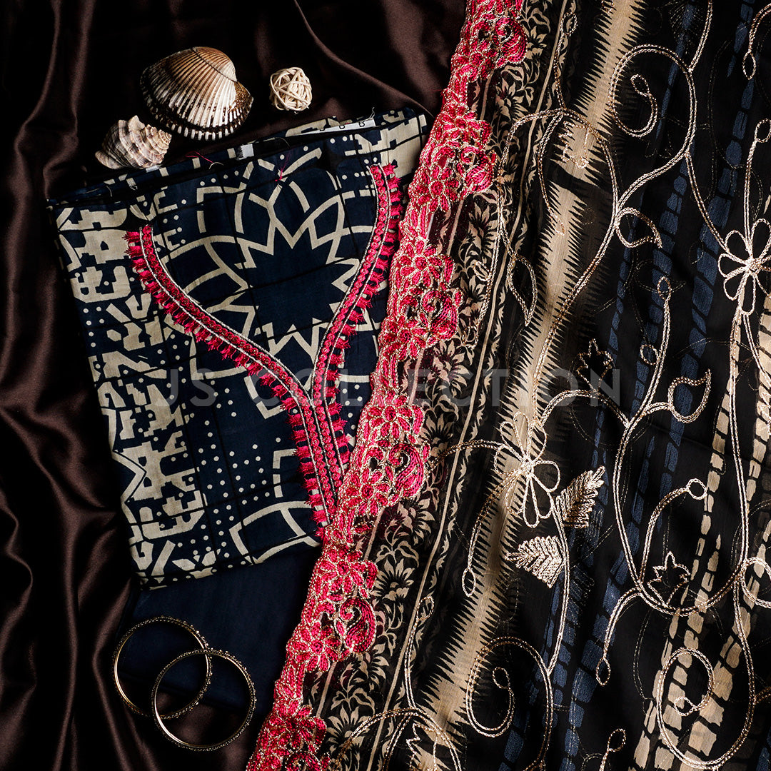 3 Pc Lawn Embroidered Chiffon Dupatta Cutwork Un-stitched-UN2045a
