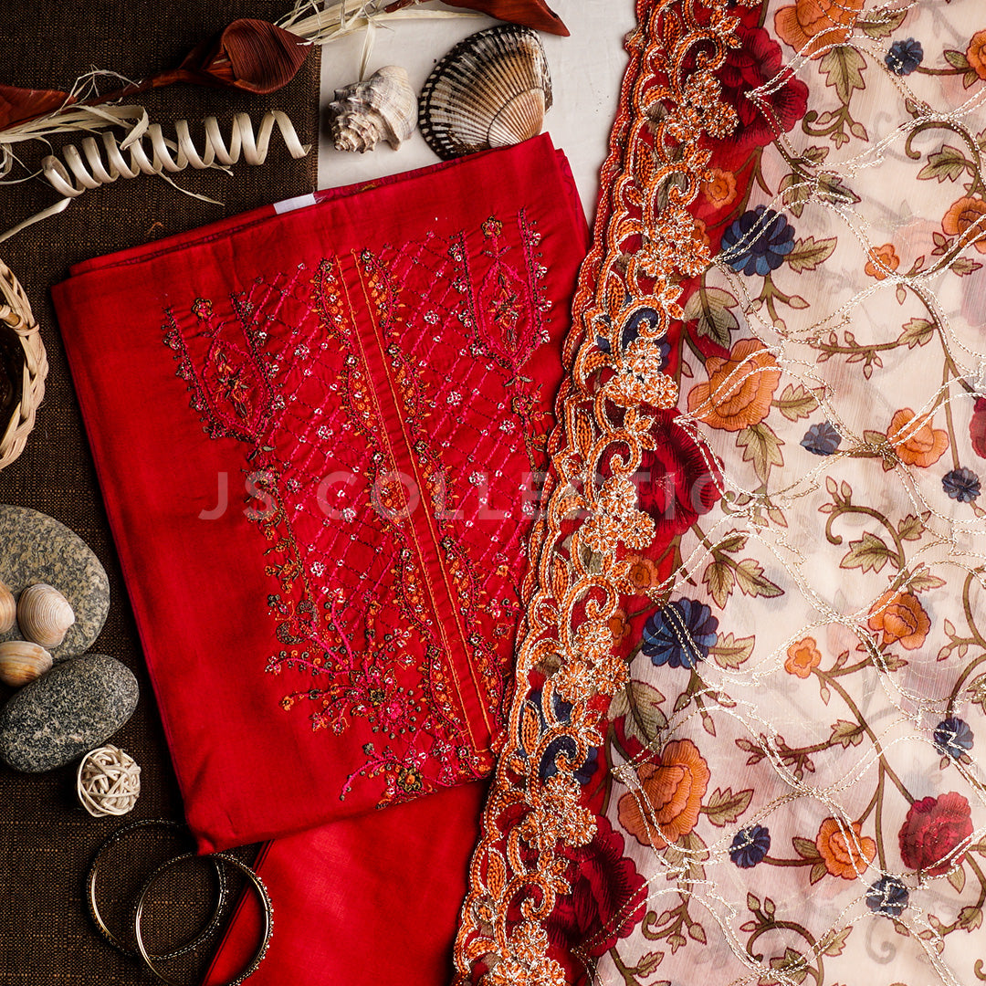 3 Pc Lawn Embroidered Chiffon Dupatta Cutwork Un-stitched-UN2039