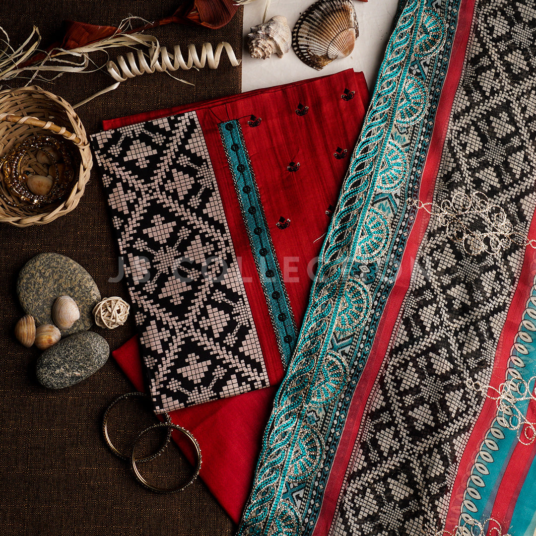 3 Pc Lawn Embroidered Chiffon Dupatta Cutwork Un-stitched-UN2041b