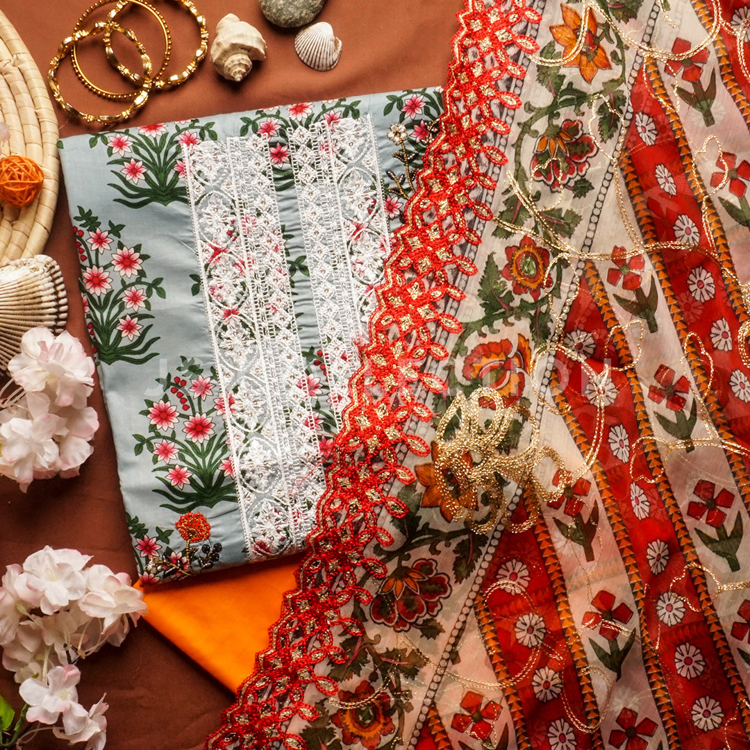 3 Pc Lawn Embroidered Chiffon Dupatta Cutwork Un-stitched-UN2221