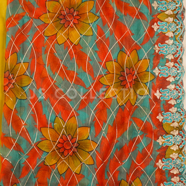 3 Pc Lawn Embroidered Chiffon Dupatta Cutwork Un-stitched-UN2007