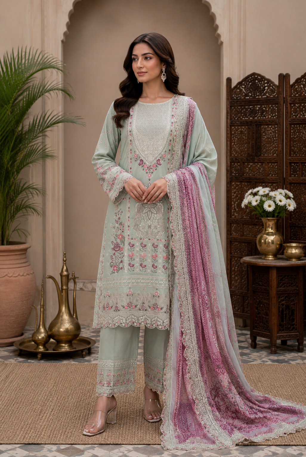 Mohagni Lawn with Chiffon dupatta Daman Chikankari Un-stitched-UN274
