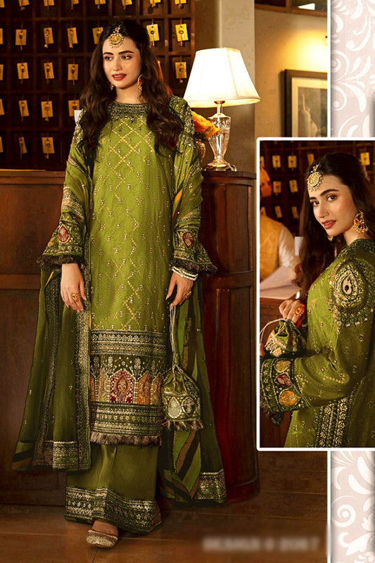 Qalamkar 3 Pc Masoori Mehendi Green Embellished Embroidered Dress Un-stitched-UN2739