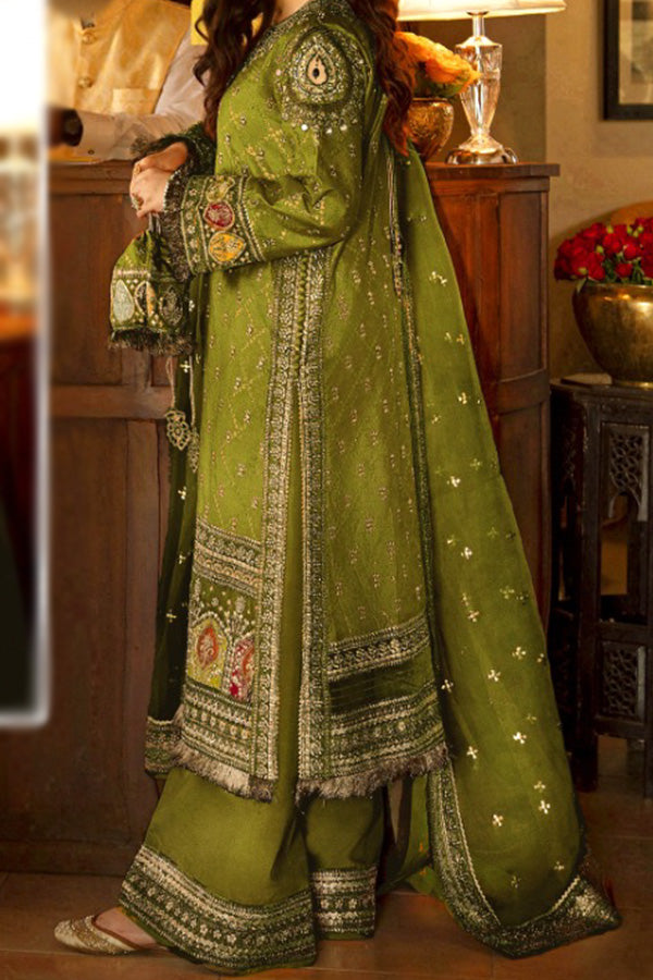 Qalamkar 3 Pc Masoori Mehendi Green Embellished Embroidered Dress Un-stitched-UN2739