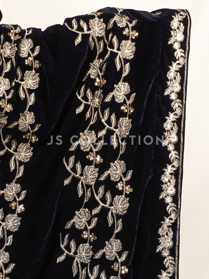Black Embroidered Velvet Shawl - VS9227